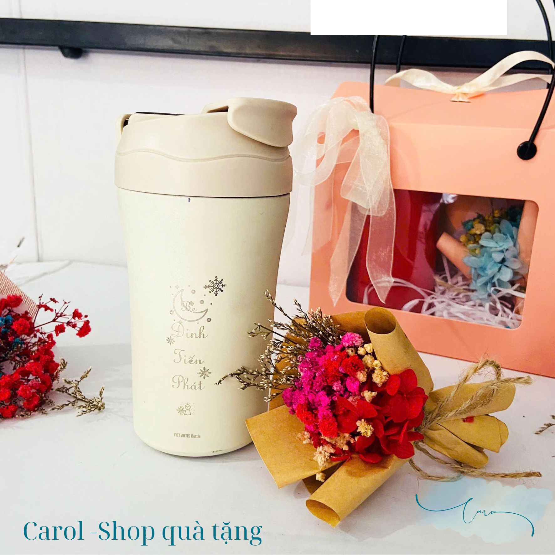 Bộ quà tặng 20-10 ly nước và bó hoa xinh xắn. Có tặng thiệp. - Ảnh 3