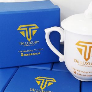 Ly sứ cao cấp có nắp đậy in logo Tài Luxury