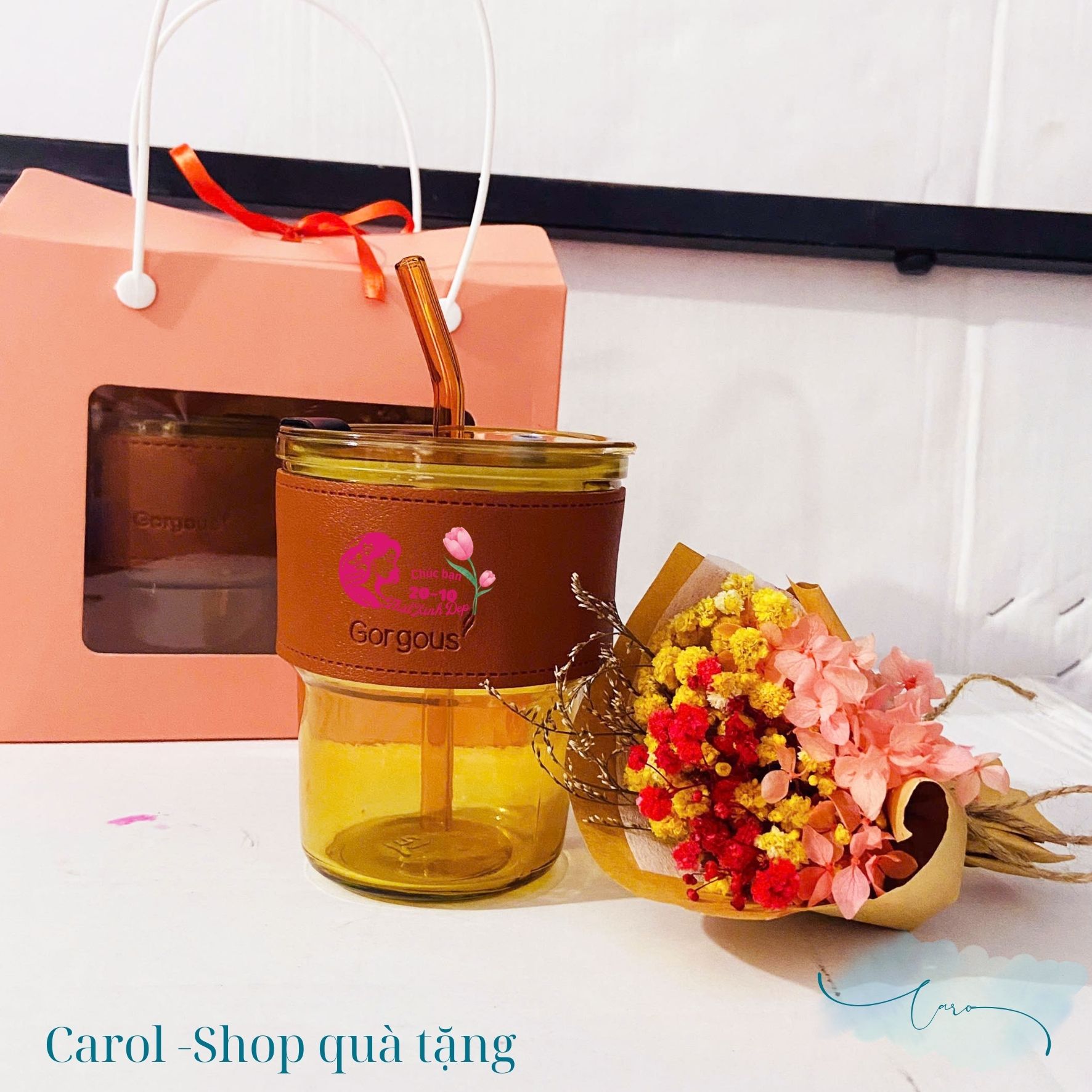 Bộ quà tặng 20-10 ly nước và bó hoa xinh xắn. Có tặng thiệp. - Ảnh 2