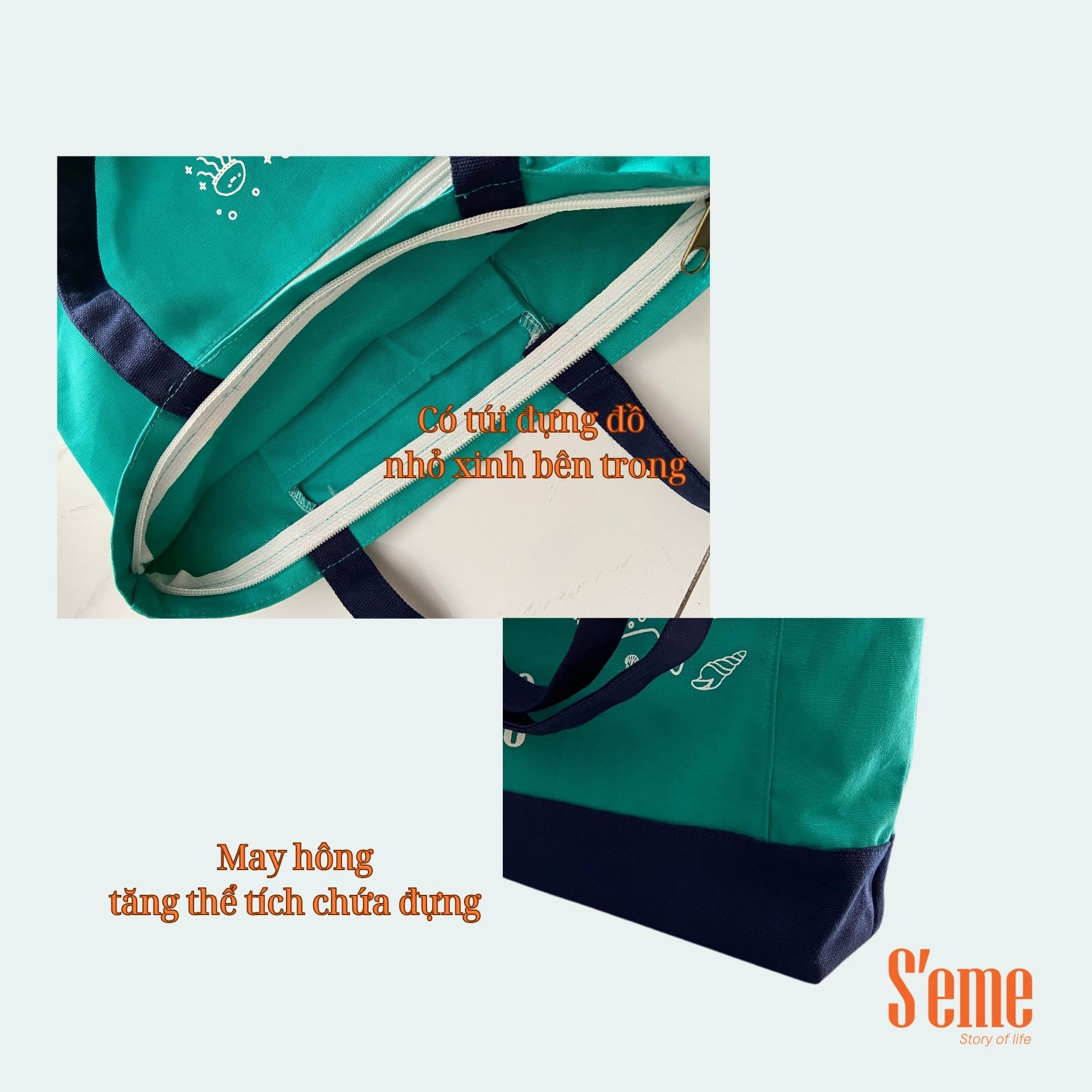 AV02 túi tote thời trang thương hiệu S'eme form rộng màu xanh biển, - Ảnh 6