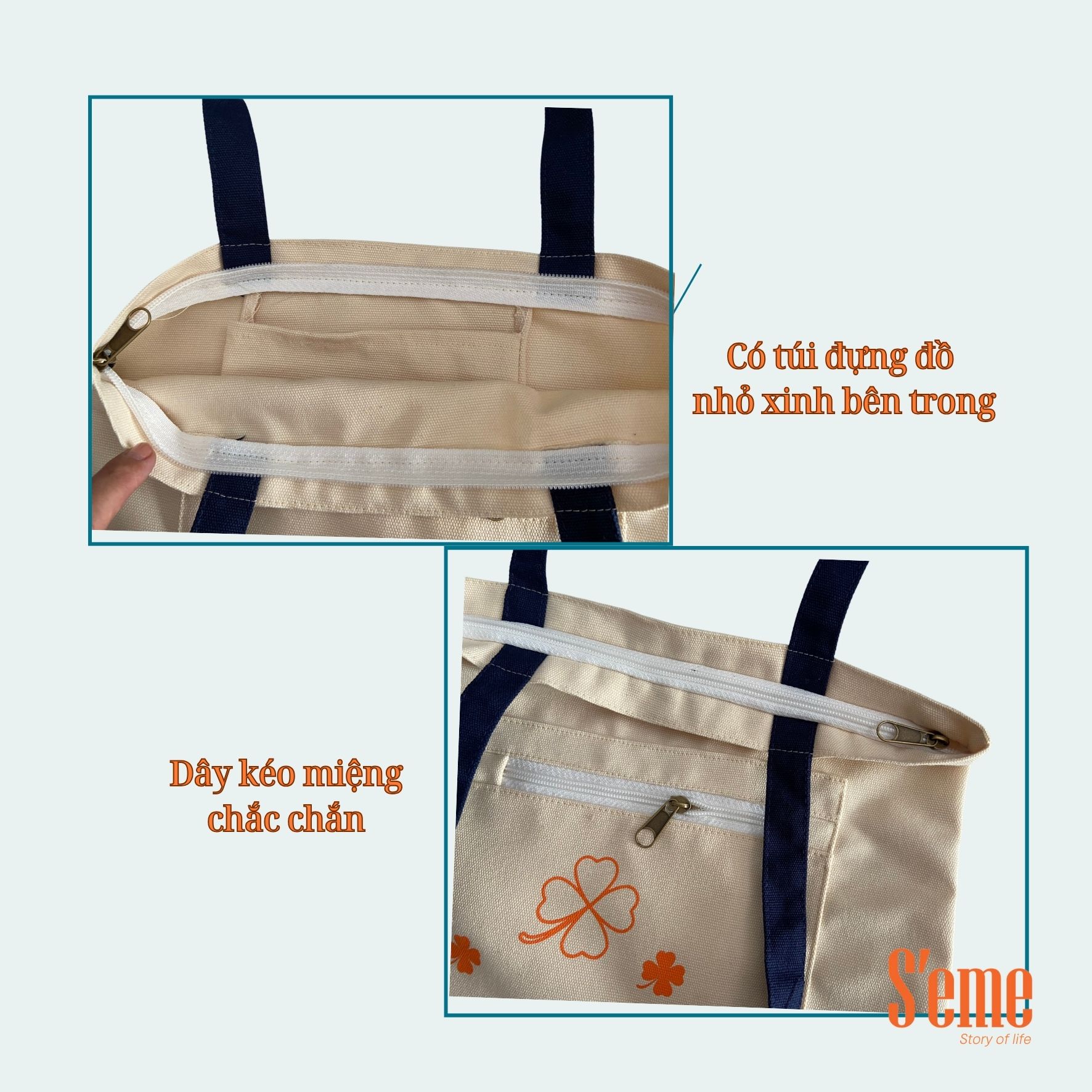 AV02K túi tote thời trang thương hiệu S'eme form rộng Họa tiết cỏ ba lá, - Ảnh 5