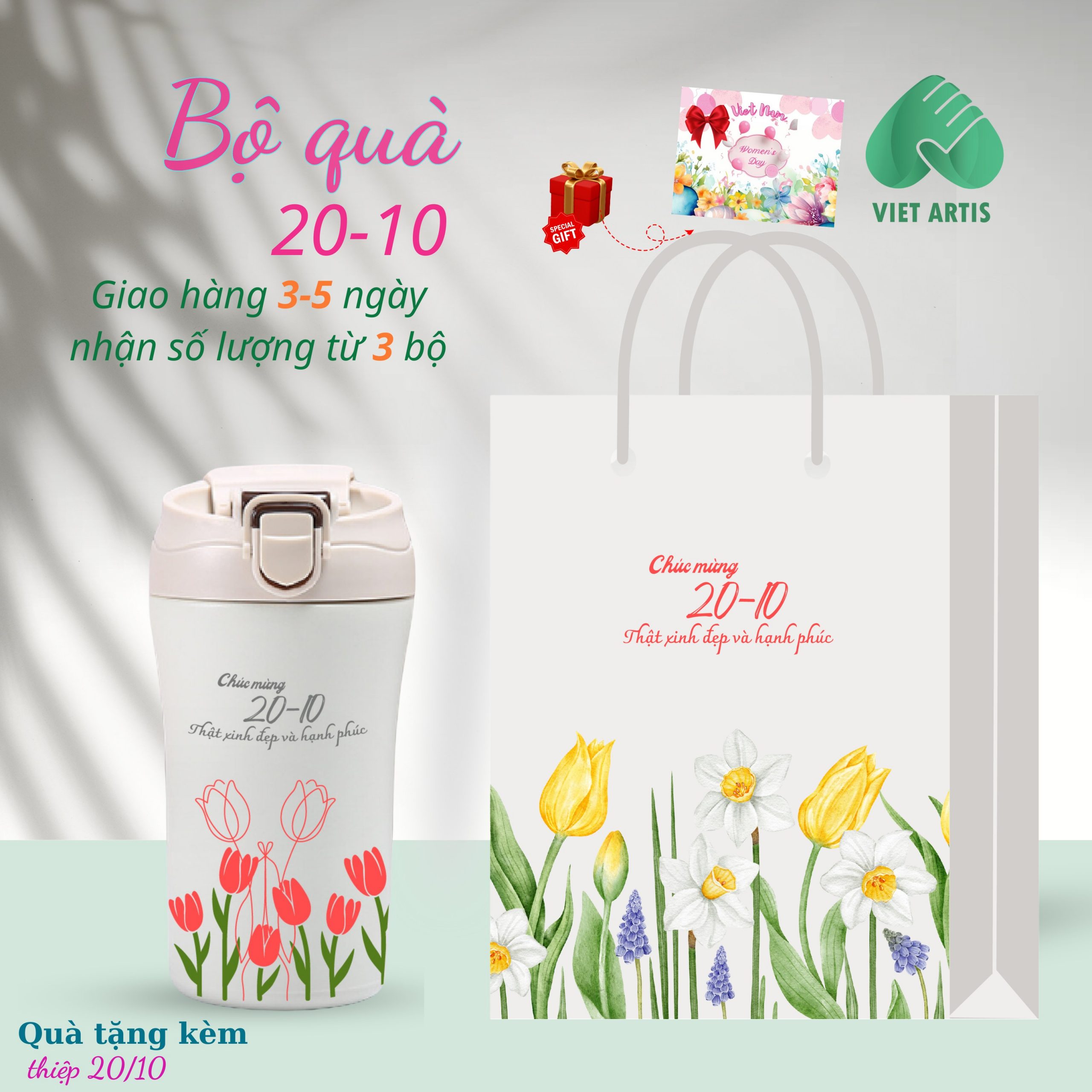 Bộ quà tặng 20-10 gồm bình nước giữ nhiệt và túi đựng in hoa làm quà tặng.