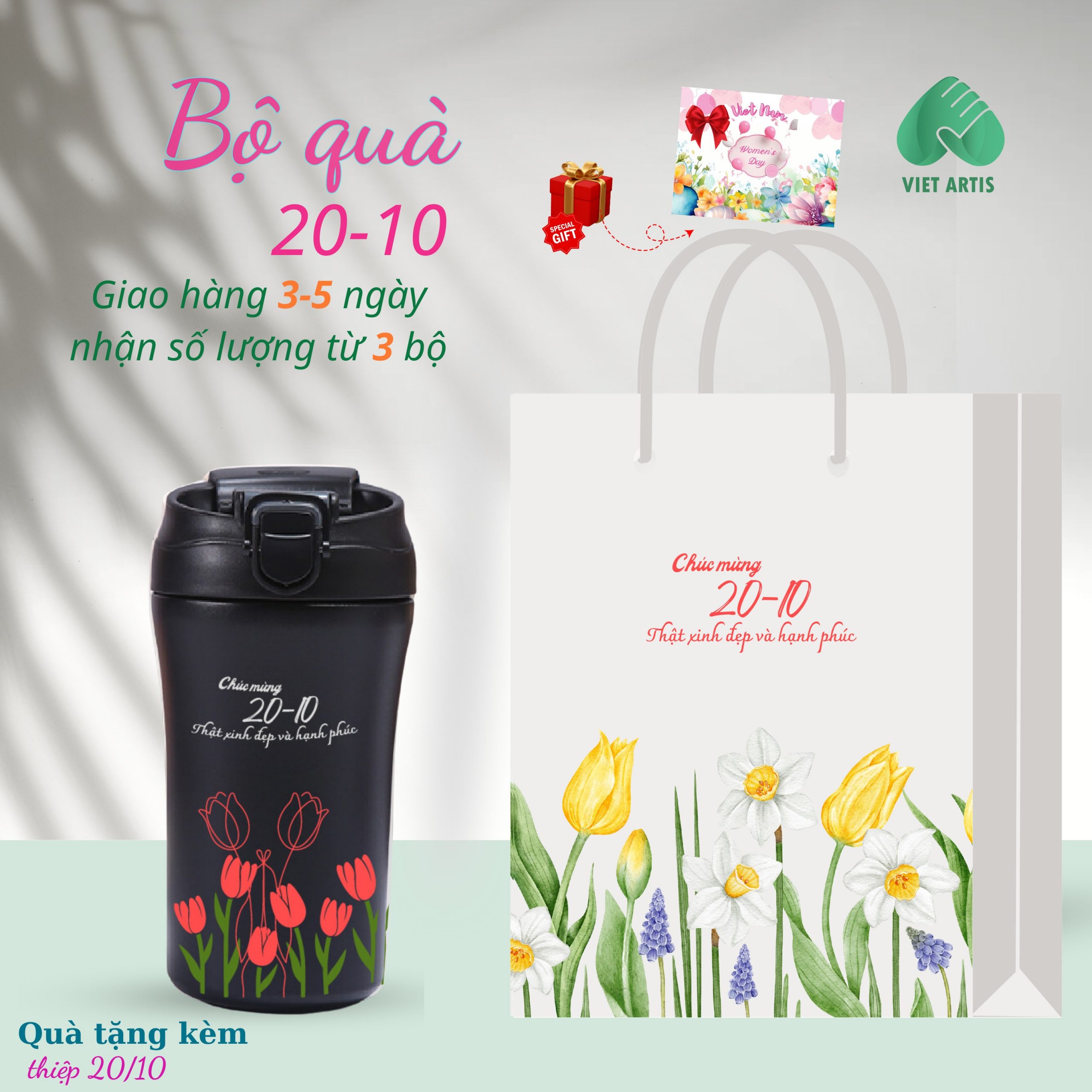 Bộ quà tặng 20-10 gồm bình nước giữ nhiệt và túi đựng in hoa làm quà tặng. - Ảnh 5