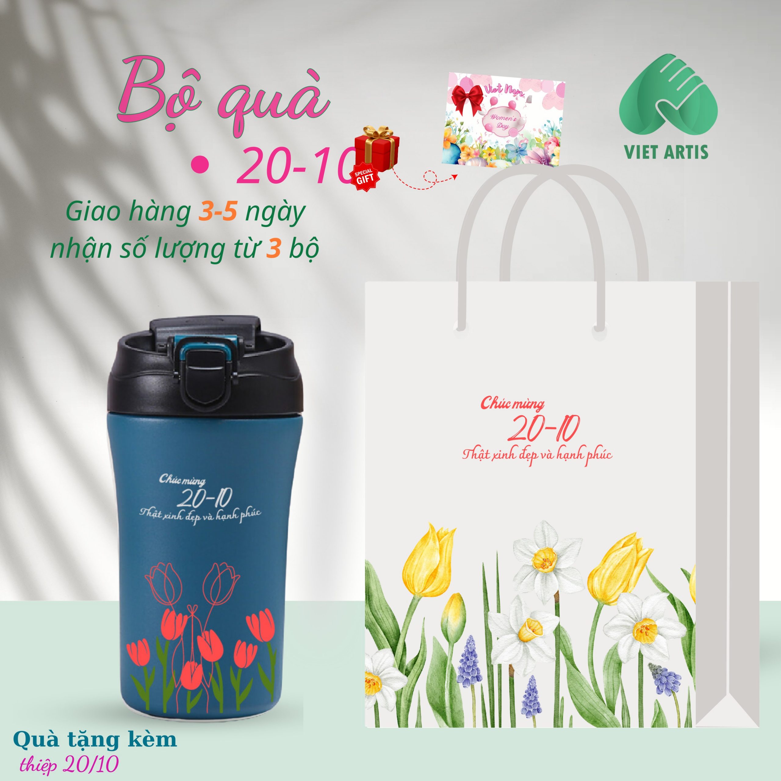 Bộ quà tặng 20-10 gồm bình nước giữ nhiệt và túi đựng in hoa làm quà tặng. - Ảnh 4