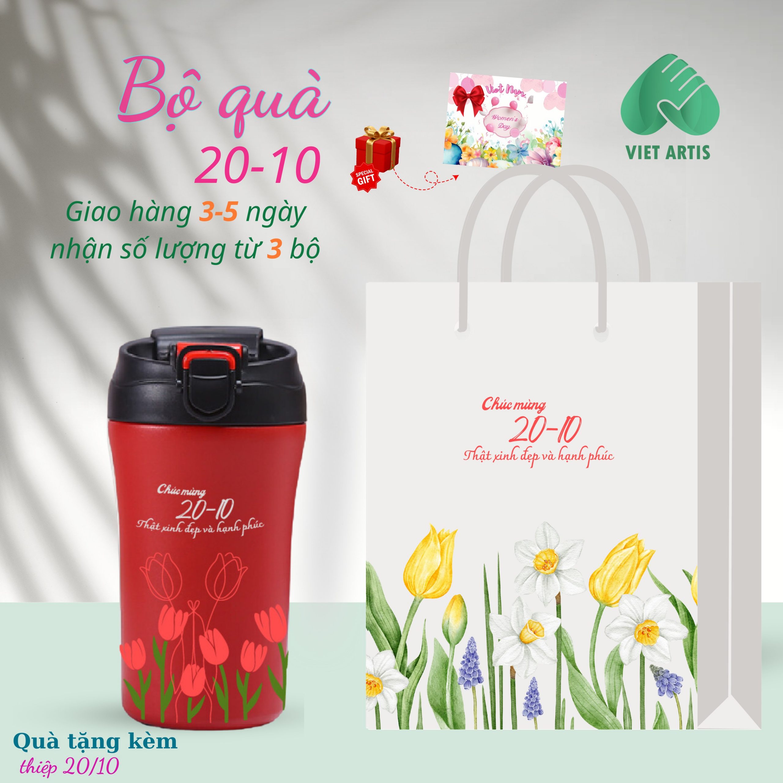 Bộ quà tặng 20-10 gồm bình nước giữ nhiệt và túi đựng in hoa làm quà tặng. - Ảnh 3