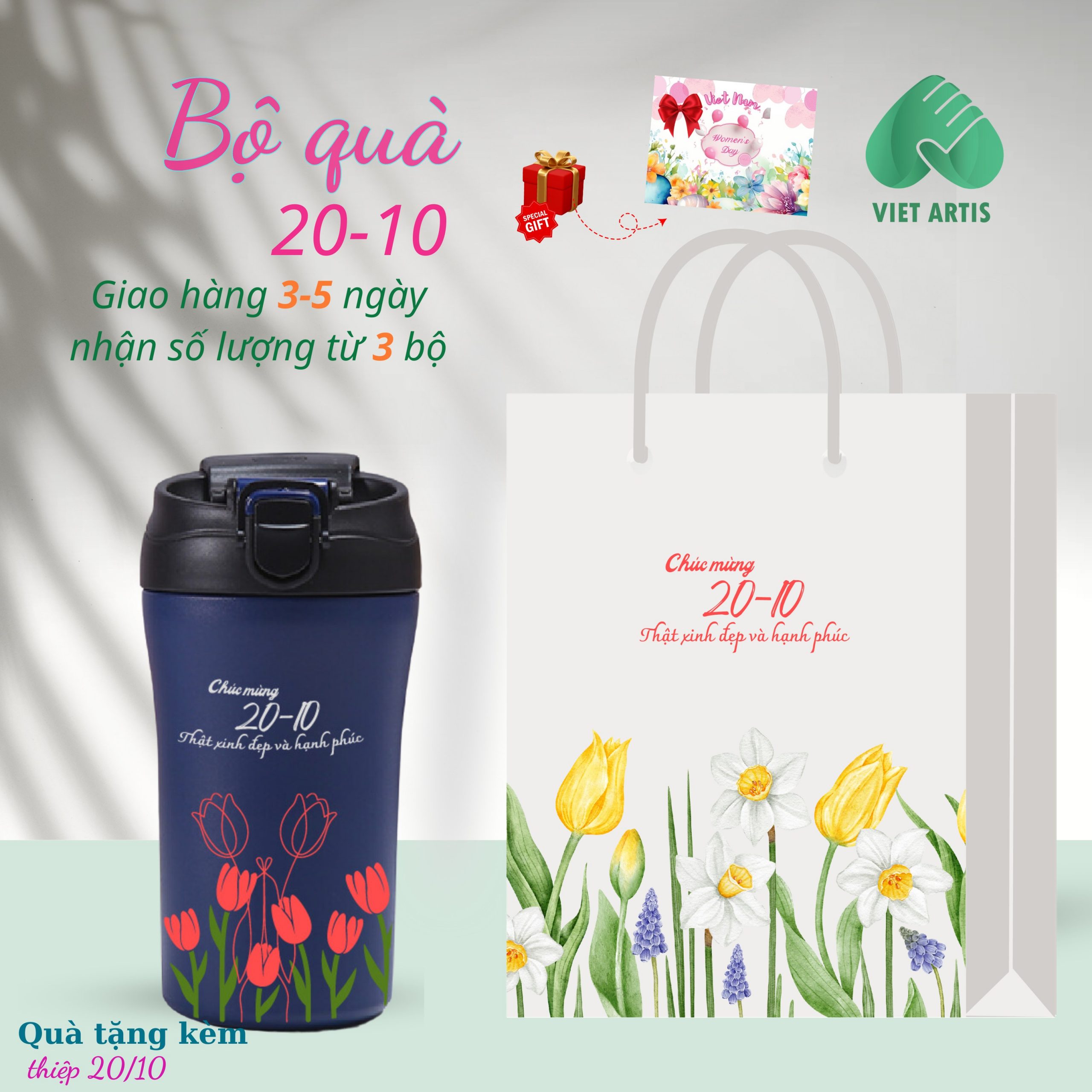 Bộ quà tặng 20-10 gồm bình nước giữ nhiệt và túi đựng in hoa làm quà tặng. - Ảnh 2