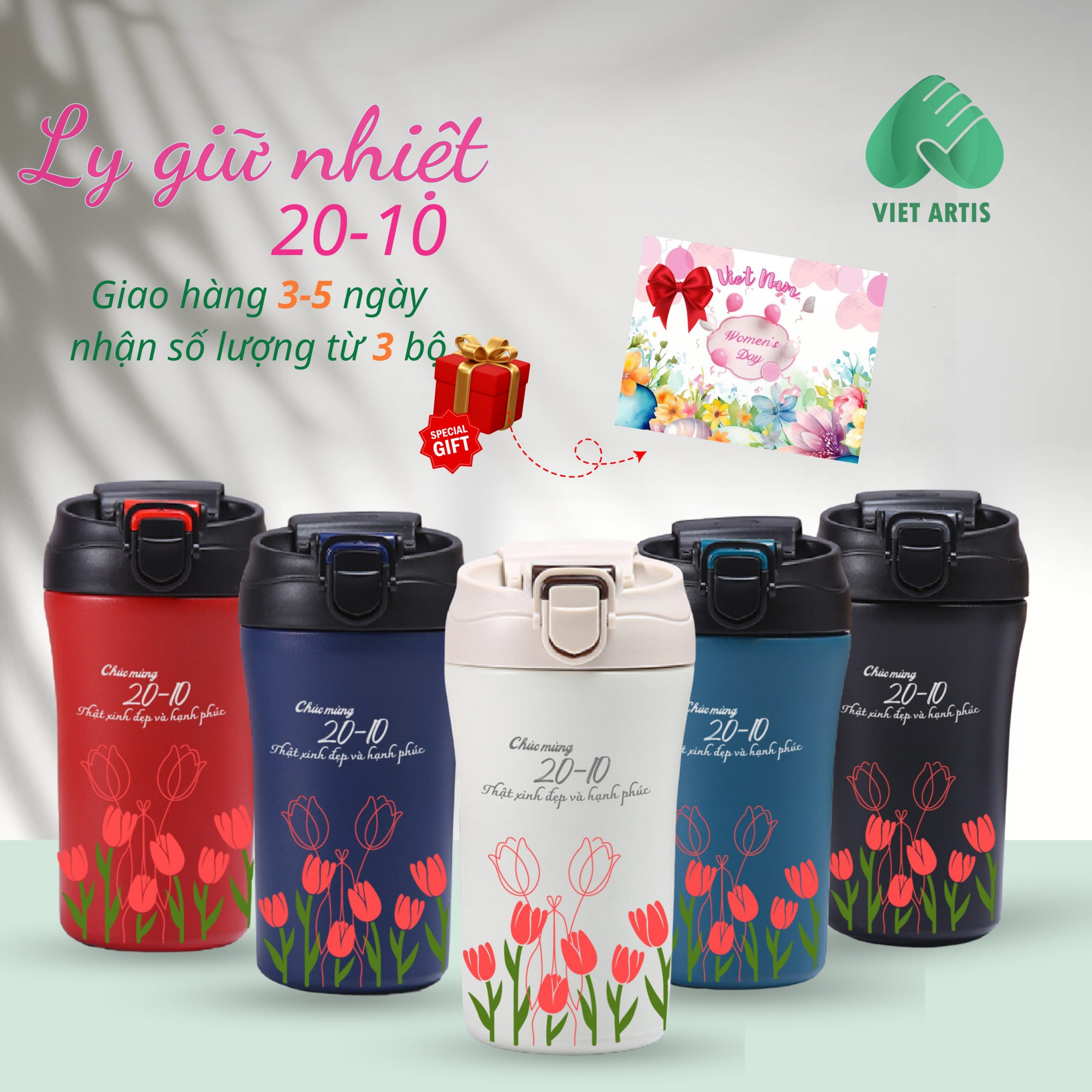 Bộ quà tặng 20-10 gồm bình nước giữ nhiệt và túi đựng in hoa làm quà tặng. - Ảnh 6
