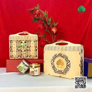 Set quà tết hộp gỗ cao cấp có tay cầm kèm túi đựng