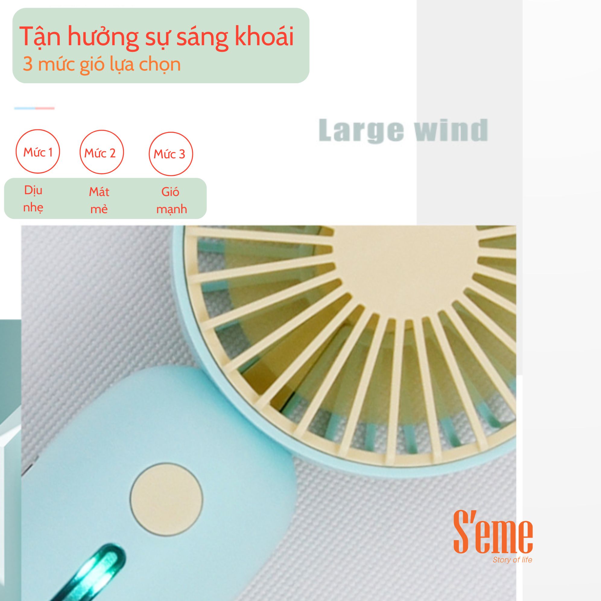 Quạt mini cầm tay kèm dây sạc, 3 tốc độ gió có đèn Led hiệu S'eme AV-0064 - Ảnh 3