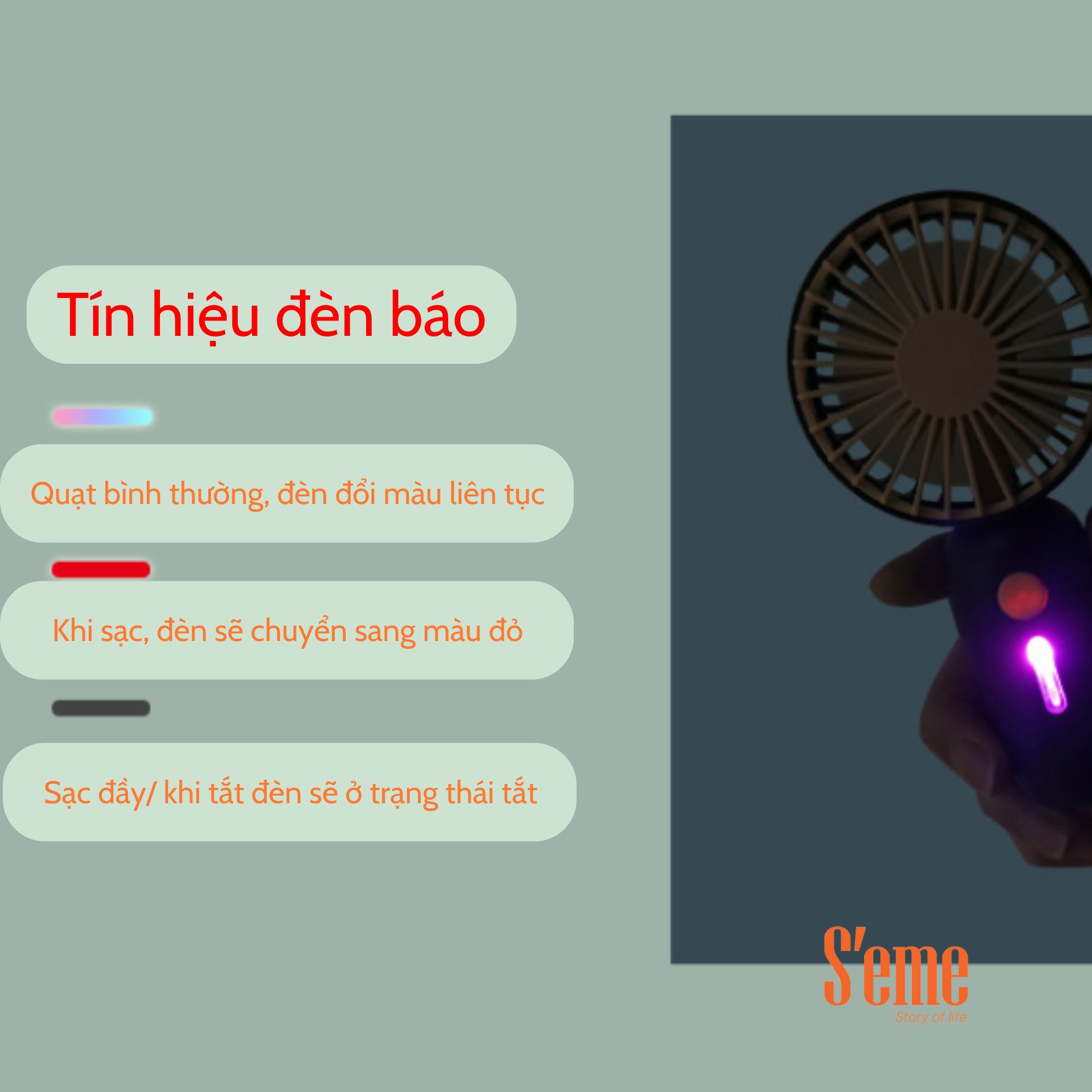 Quạt mini cầm tay kèm dây sạc, 3 tốc độ gió có đèn Led hiệu S'eme AV-0064 - Ảnh 5