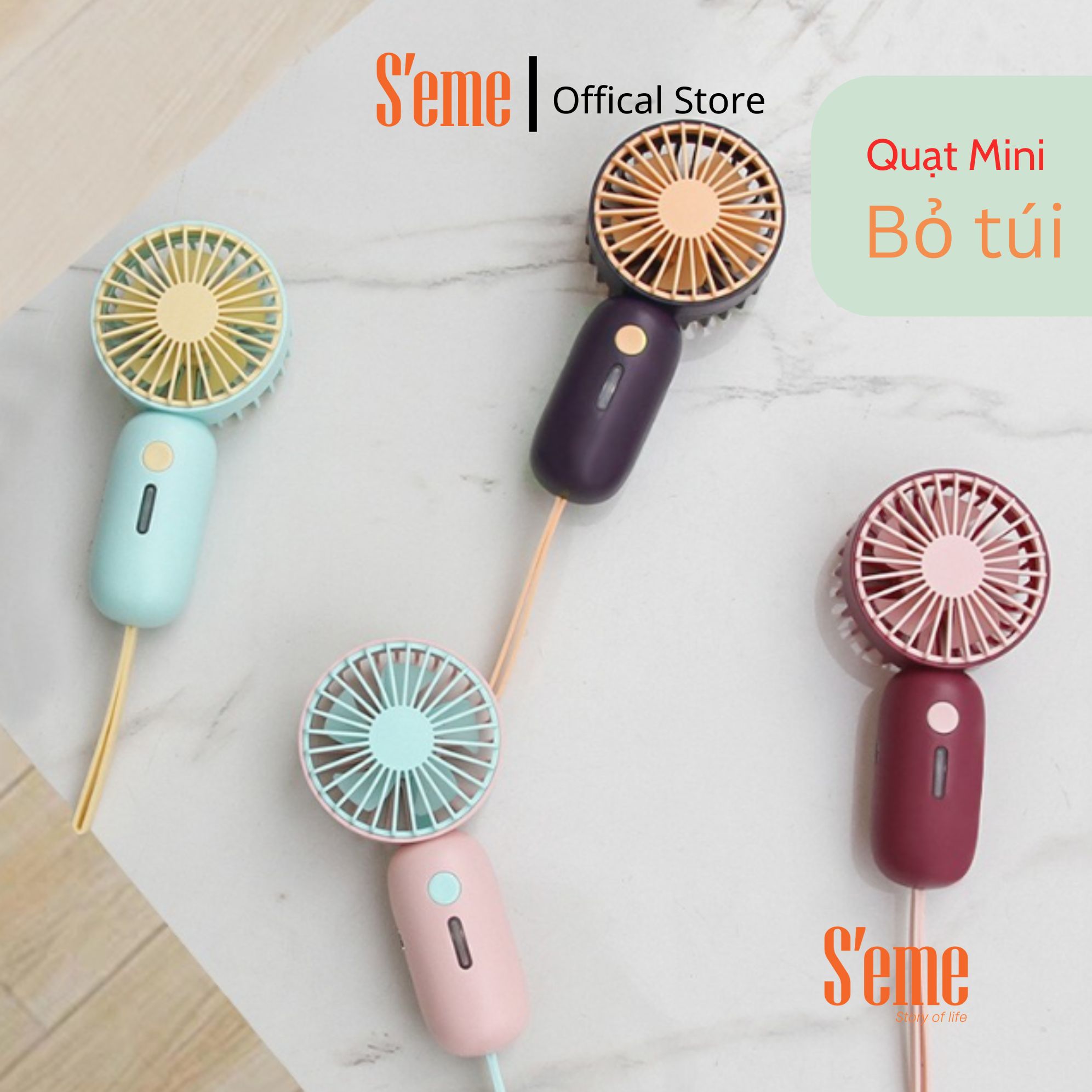 Quạt mini cầm tay kèm dây sạc, 3 tốc độ gió có đèn Led hiệu S'eme AV-0064