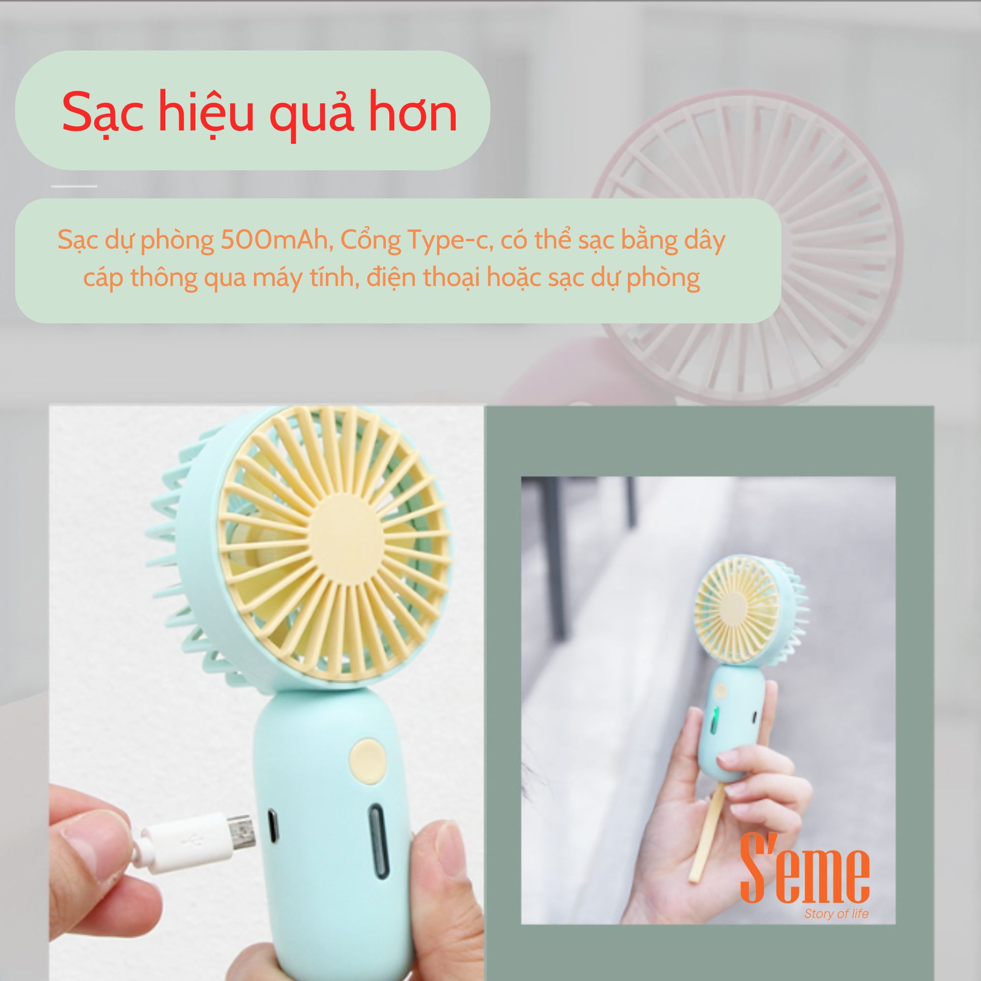 Quạt mini cầm tay kèm dây sạc, 3 tốc độ gió có đèn Led hiệu S'eme AV-0064 - Ảnh 2