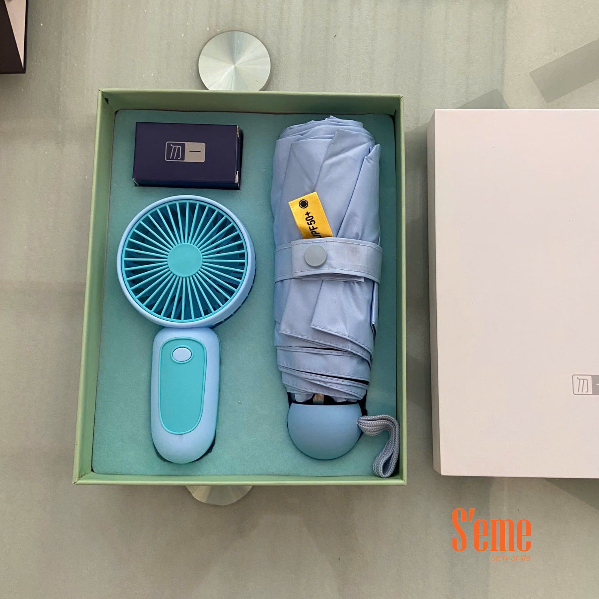 S'eme S08 Bộ quà tặng dù - quạt - màu xanh ngọc - Ảnh 3
