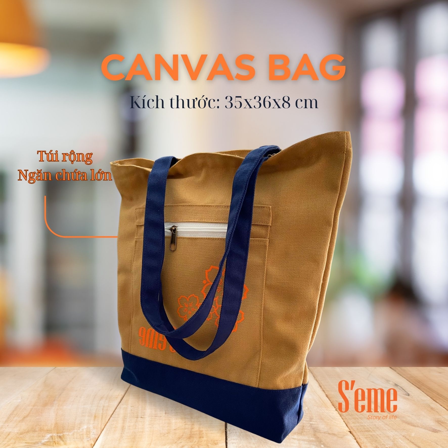 AV02N túi tote thời trang thương hiệu S'eme form rộng họa tiết hoa anh đào, - Ảnh 2