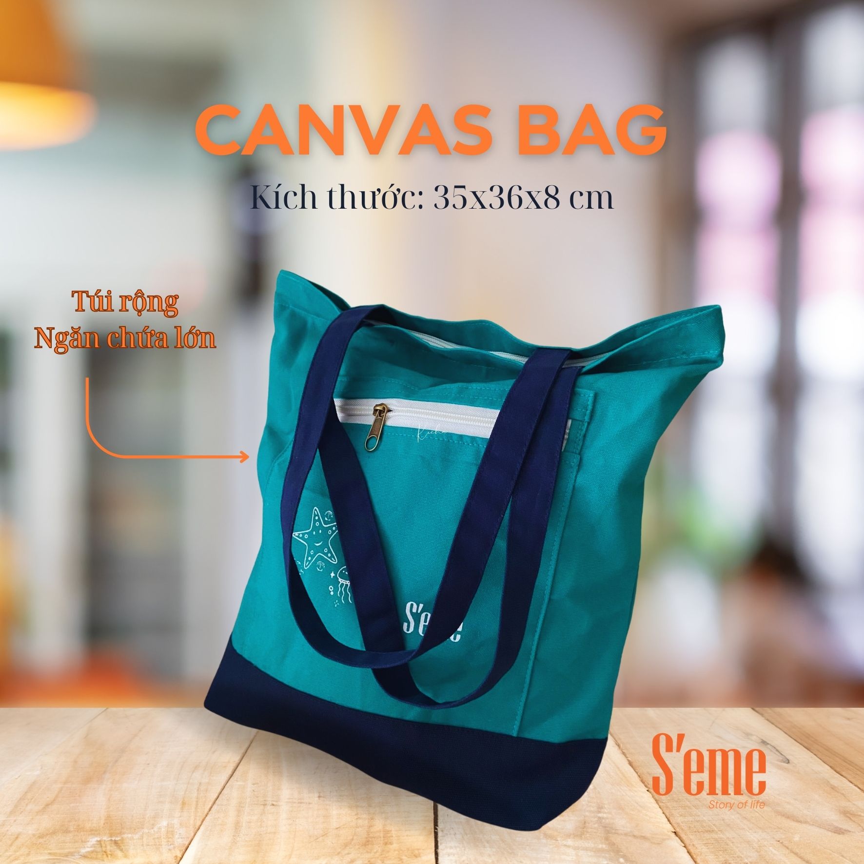 AV02 túi tote thời trang thương hiệu S'eme form rộng màu xanh biển, - Ảnh 2