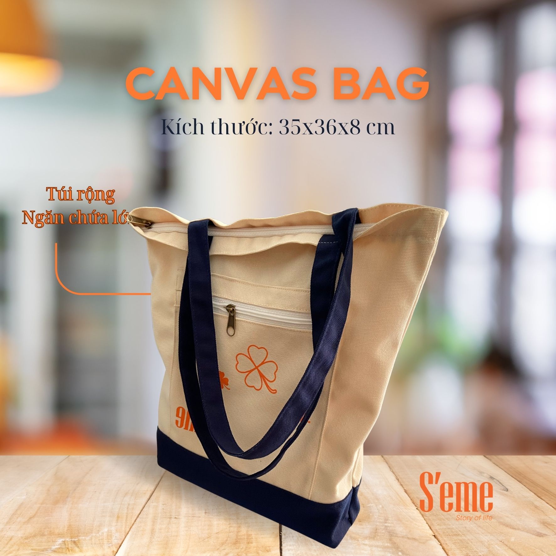 AV02K túi tote thời trang thương hiệu S'eme form rộng Họa tiết cỏ ba lá, - Ảnh 2