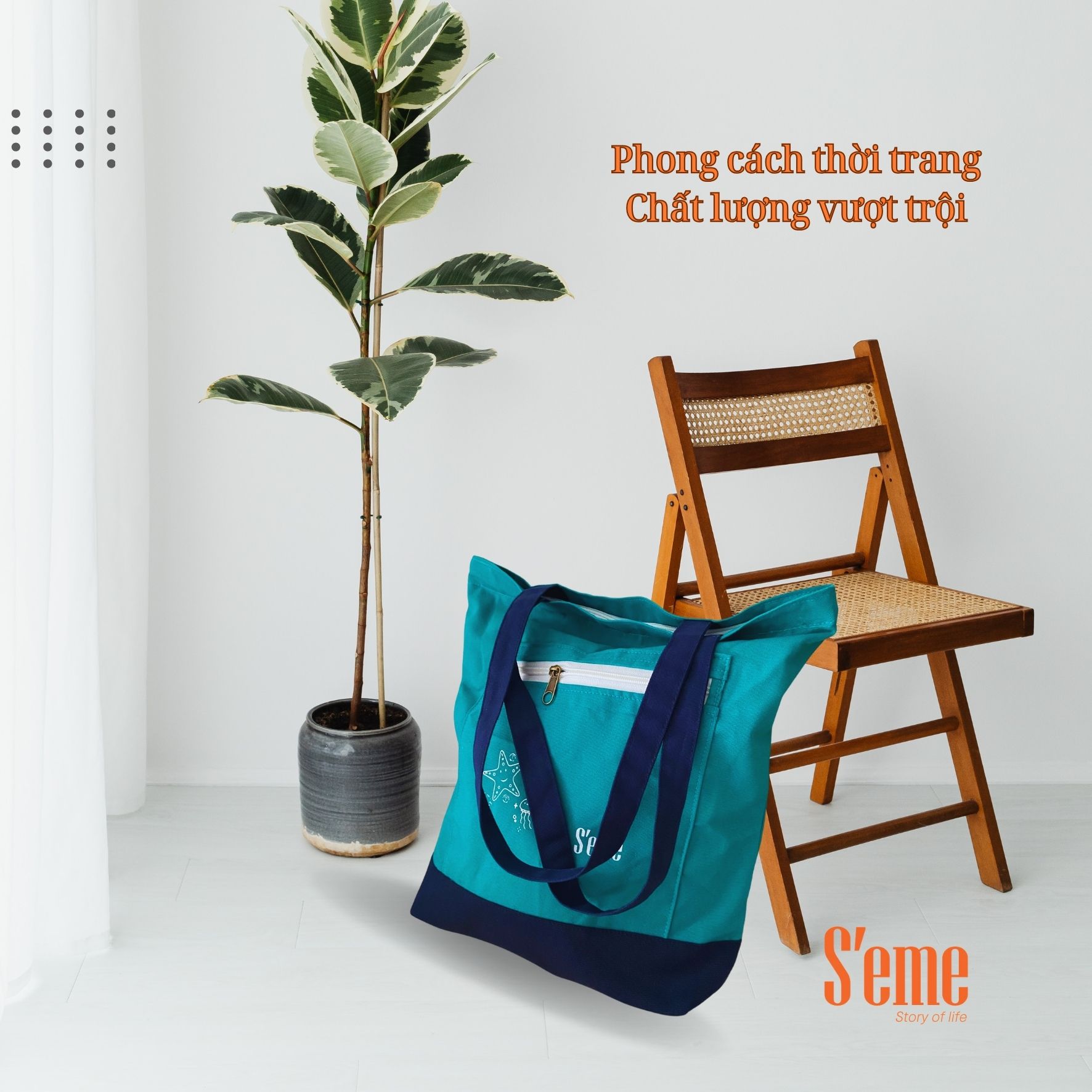 AV02 túi tote thời trang thương hiệu S'eme form rộng màu xanh biển, - Ảnh 3