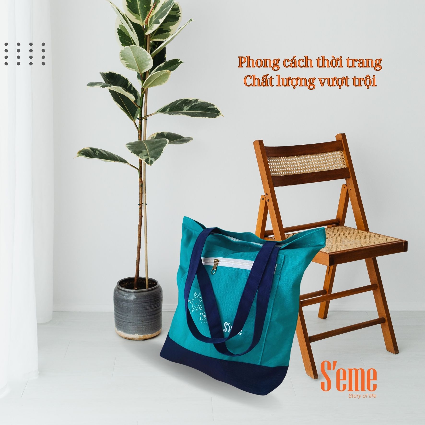 AV02 túi tote thời trang thương hiệu S'eme form rộng màu xanh biển, - Ảnh 4