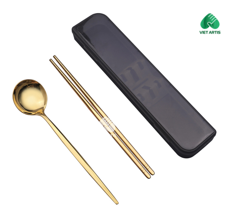 Muỗng Đũa Bằng Thép Mạ Vàng (Bao Gồm Hộp)