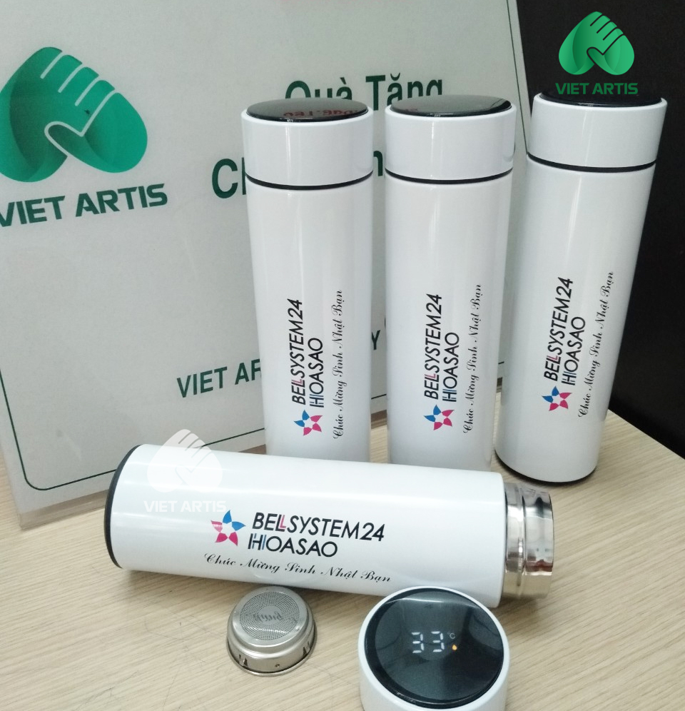 Bình nước giữ nhiệt hiển thị nhiệt độ , in logo Hoa Sao