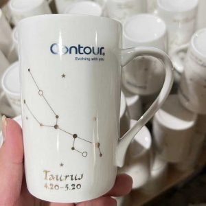 Ly sứ kèm muỗng, nắp đậy có in logo, ly sứ in logo